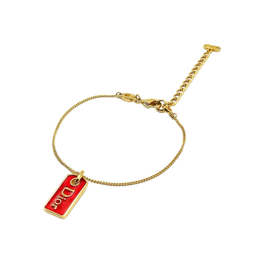 Christian Dior Gold Tone Red Dior Enamel Tag Charm Bracelet